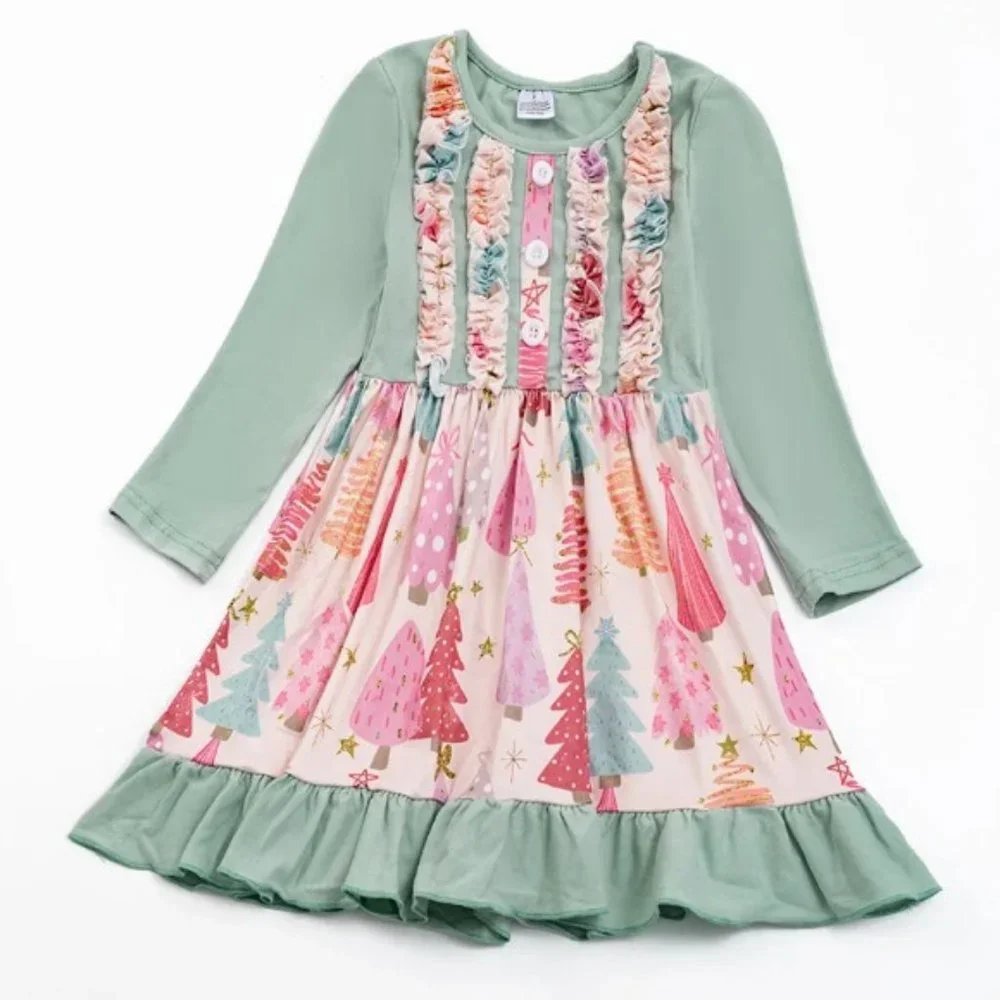 Boutique Christmas Tree Girls Long Sleeve Ruffle Dress